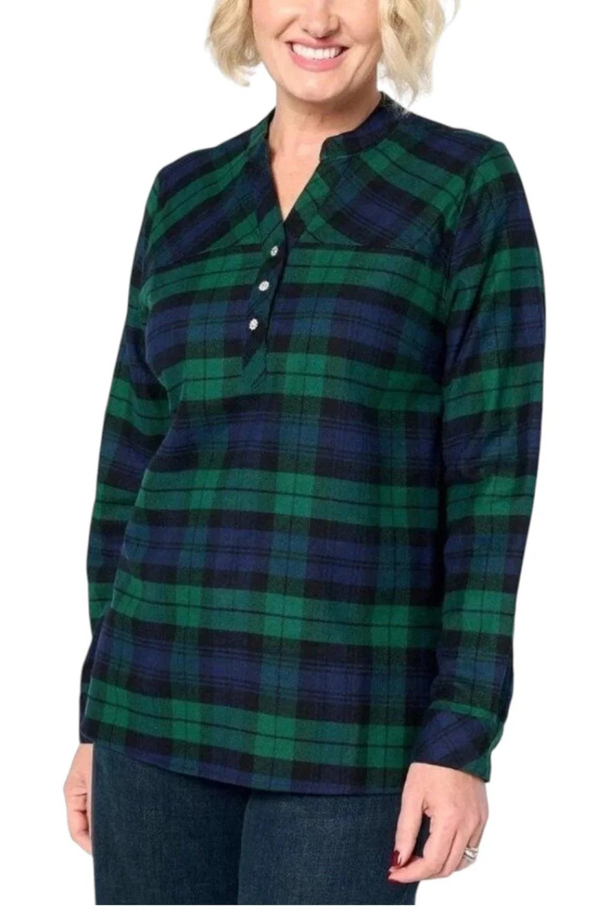 Joan Rivers Women's Plaid Pull-Over Blouse with Crystal Buttons Blk - Regular